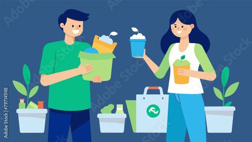 A couple using reusable containers and bags instead of disposable ones to decrease waste and save on the cost of purchasing singleuse products.