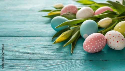easter egg decorations with spring foliage on teal background with copy space for text