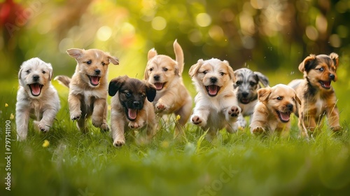group of puppies frolicking together in a grassy field, exuding boundless energy and excitement.