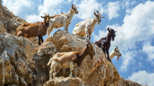 group of goats perched on rocky outcrops  showcasing their agility and adaptability in rugged terrain.