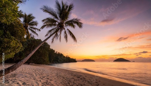 witness a breathtaking sunset casting vibrant hues over a serene tropical beach framed by swaying palm trees