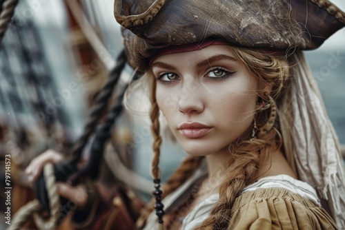 Confident female pirate looking into the distance on a ship