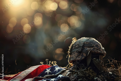 military helmet and american flag in a symbolic composition at dusk, for memorial day celebration photo