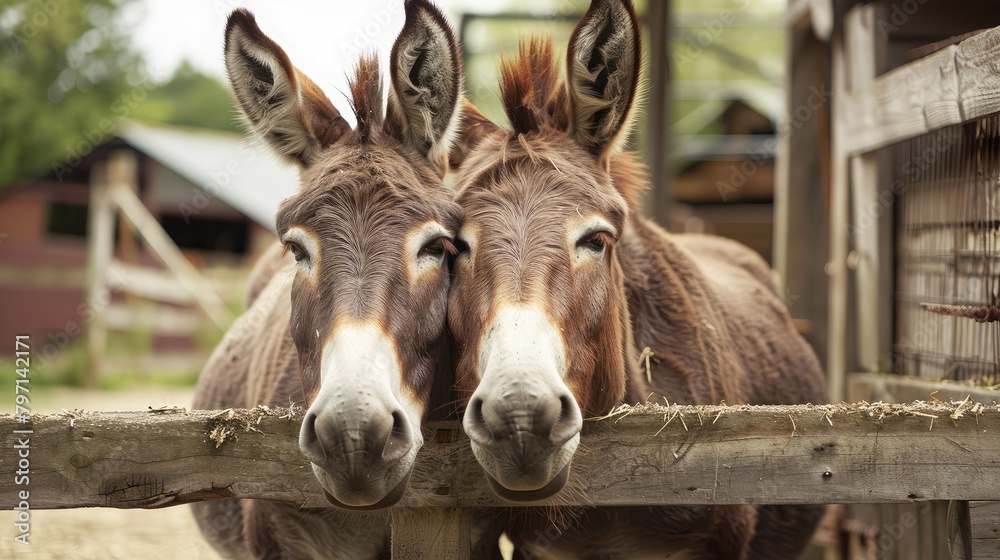 pair of friendly donkeys nuzzling each other affectionately in a farmyard, showcasing the gentle and sociable nature of the species.