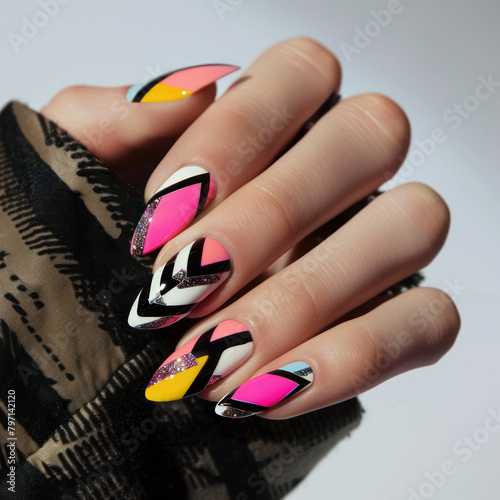 chic geometric nail art design with bold colors and sparkling accents