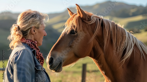 serene woman bonding with chestnut horse in golden hour countryside