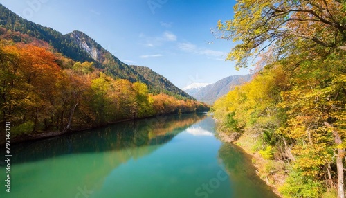 colorful trees river and mountain landscape