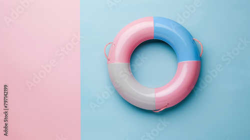 minimalist pink and blue lifebuoy on pastel background for safety concept, with a copy space for text
