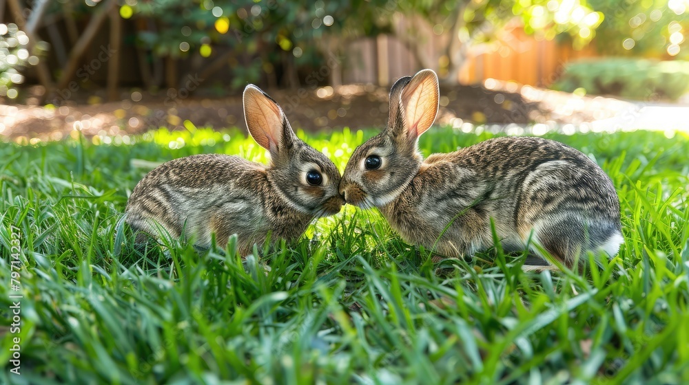 pair of rabbits nibbling on fresh green grass in a backyard garden, illustrating the simplicity and joy of pet ownership. pair of rabbits nibbling on fresh green grass in a backyard garden, illustrating the simplicity and joy of pet ownership.