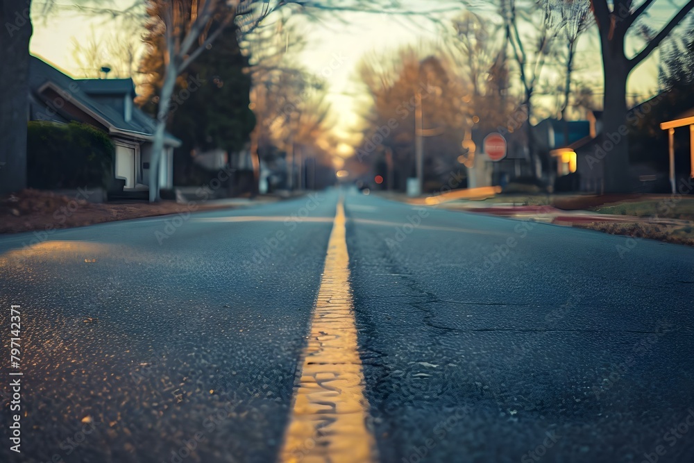 Quiet neighborhood street at dawn for construction company website banner design. Concept Quiet Neighborhood, Street, Dawn, Construction Company, Website Banner Design