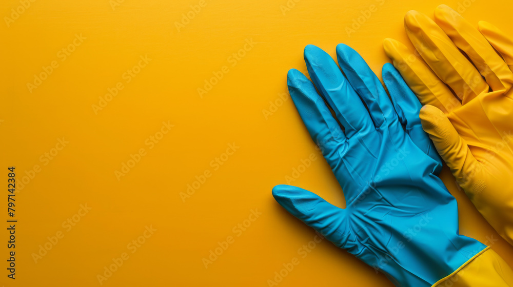 Blue and yellow rubber gloves side by side on a yellow surface, contrasting hues for cleaning tasks. Blue and yellow rubber gloves side by side on a yellow surface, contrasting hues for cleaning tasks.