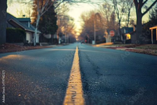 Quiet neighborhood street at dawn for construction company website banner design. Concept Quiet Neighborhood, Street, Dawn, Construction Company, Website Banner Design