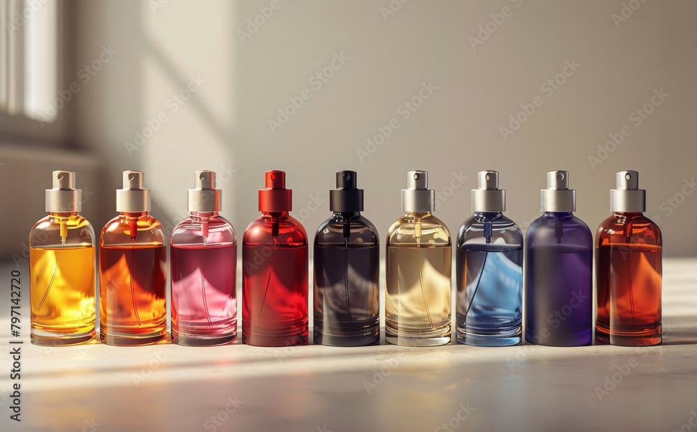 A lineup of variously colored perfume bottles with different shades, ranging from orange and pink to red, black, and blue