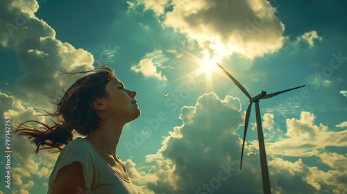a girl looking up at a wind turbine in the sky with clouds in the background and a sun shining through the clouds © DigitaArt.Creative