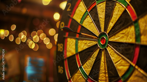 a dartboard with a single dart precisely lodged in the bullseye. The dartboard is vibrant, featuring multiple colors like red, green, and yellow, with black separators