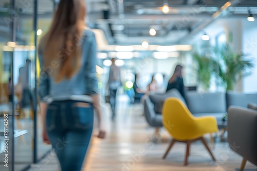 Modern office background with people in casual wear slightly out of focus. Concept Modern Office, Casual Wear, Out of Focus, Work Environment, Blurred People