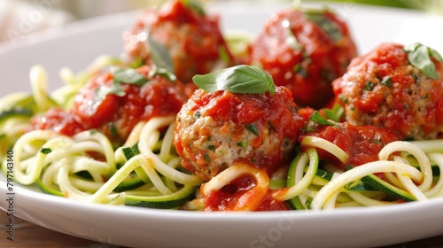 plate of zucchini noodles with marinara sauce and lean turkey meatballs, showcasing a low-carb and protein-rich meal.