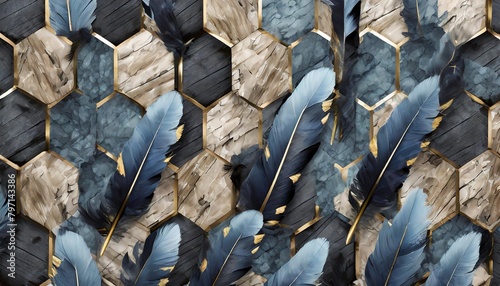 light 3d wallpaper blue feathers grey marble wood hexagon tiles white golden accents black seams shiny black hexagon tiles illustration vibrant textures