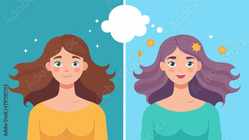 In the first photo a womans hair appears dry and brittle. After regular sauna use her hair is visibly smoother and shinier indicating improved hair.