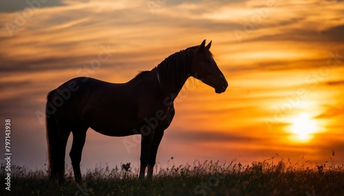 horse silhouette in the meadow with a beautiful sunset background