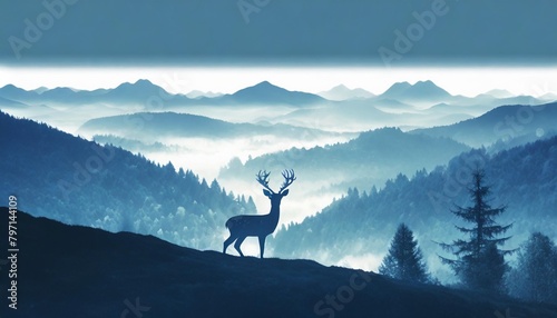 horizontal banner silhouette of deer doe fawn standing on hill forest and mountains in background magical misty landscape fog blue and gray illustration bookmark © Lucia