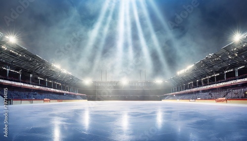 spotlights on outdoor hockey stadium with an empty ice rink light beams neon lights reflection and smoke ice show or figure skating concept photo