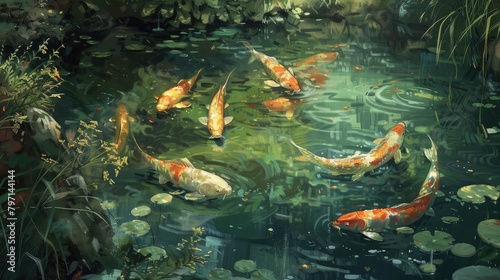 serene pond filled with swimming koi fish, embodying tranquility and grace. © buraratn
