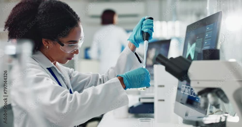 Science, laboratory and woman with beaker for medical analysis, research and medicine. Healthcare, pharmaceutical and scientist with test tube for vaccine development, chemistry and liquid results