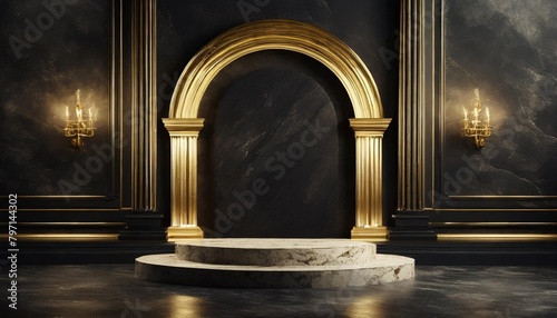 3d rendering of luxury black wall with gold arch and marble podium for product presentation classical interior design