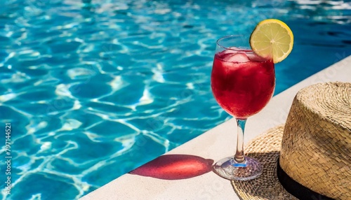 top view of a red cocktail glass and a summer hat at the pool blue water background with copy space