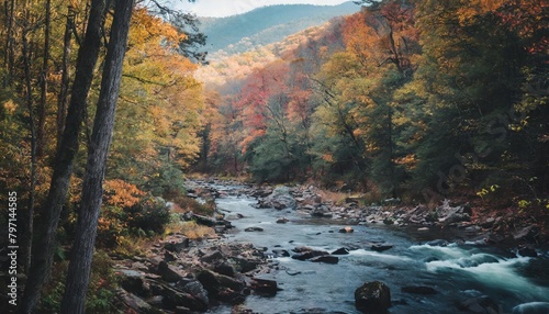 scenic autumn view from smoky mountain national park with colorful fall foliage and stream photo