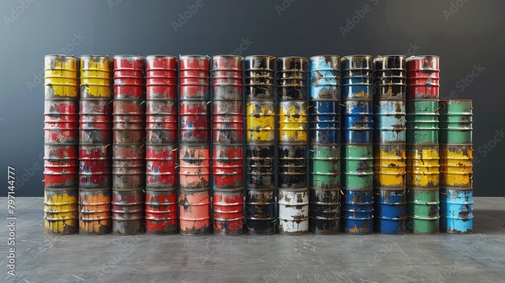 stack of industrial drums containing various petroleum products, ready for distribution and use. stack of industrial drums containing various petroleum products, ready for distribution and use.