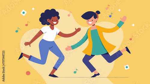 A pair of friends joining hands and dancing to the upbeat rhythm of a jazzinspired Freedom Song.. Vector illustration