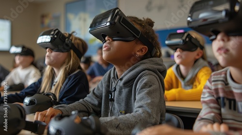 Students participating in a virtual field trip using immersive 3D technology in a smart classroom environment.