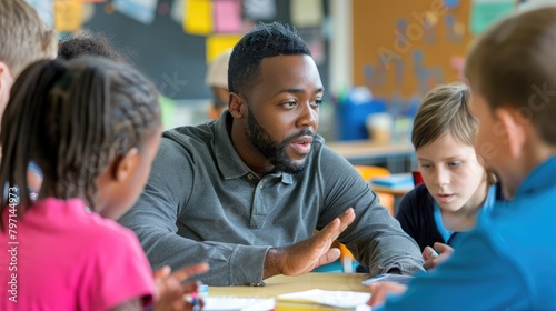 teacher guiding students in a discussion, promoting critical thinking and analytical skills.