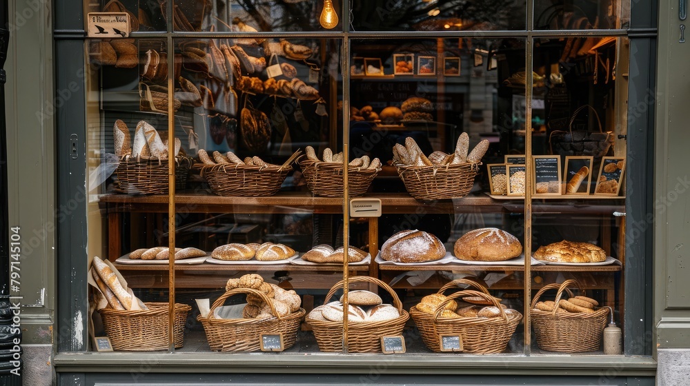 traditional bakery storefront with baskets of freshly baked bread and pastries on display, inviting passersby inside.