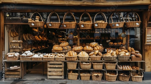traditional bakery storefront with baskets of freshly baked bread and pastries on display, inviting passersby inside.