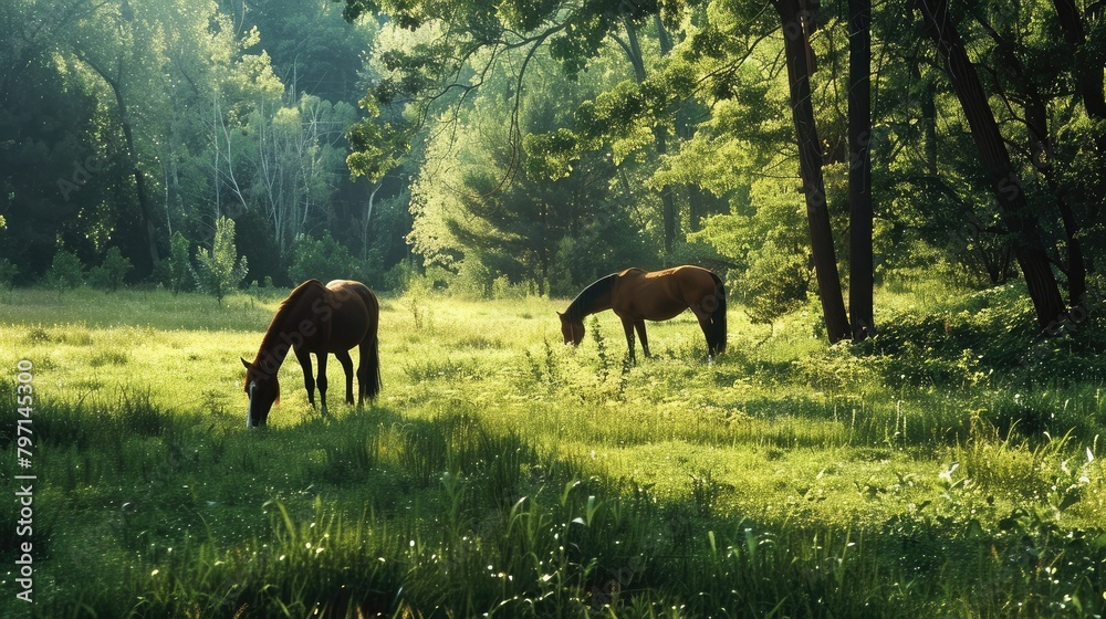 Two horses grazing peacefully in a lush green pasture, enjoying freedom and tranquility. Two horses grazing peacefully in a lush green pasture, enjoying freedom and tranquility.