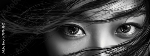 Dive into the captivating depths of a young Asian woman's eyes, revealing a world of mystery and allure. Monochrome.
