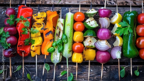 variety of colorful vegetable skewers ready for grilling, encouraging plant-based eating for health and wellness. photo