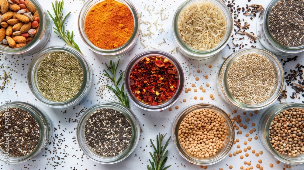 variety of superfood ingredients arranged in glass jars, including chia seeds, flaxseeds, and hemp hearts, inspiring healthy eating choices.
