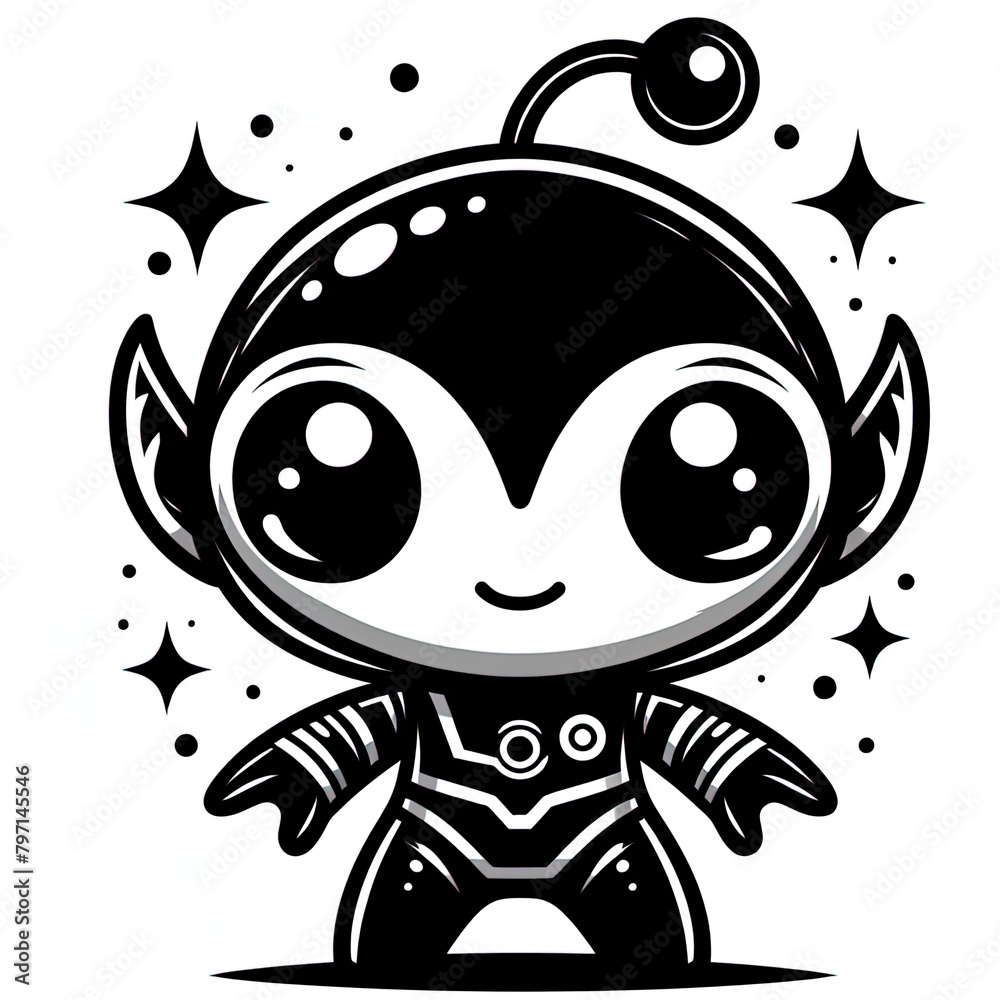 Eine minimalistische schwarz weiße Vektorgrafik eines kleinen Aliens Eine minimalistische schwarz weiße Vektorgrafik eines kleinen Aliens