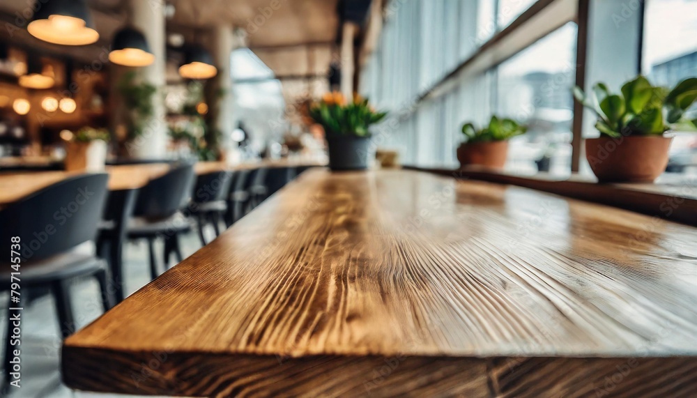 wooden table stands at forefront of blurred cafe interior embodying perfect of functionality and aesthetic allure smooth polished surface bathed in soft light invites array of products
