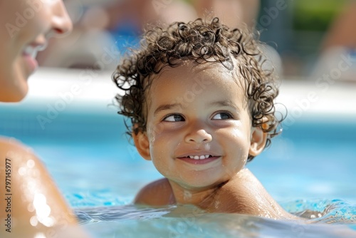Child swimming in a pool playing water sports fun family vacation children mom dad childhood memory experience happy leisure summer activity smiling cheerful sport splashing swim joy action resort