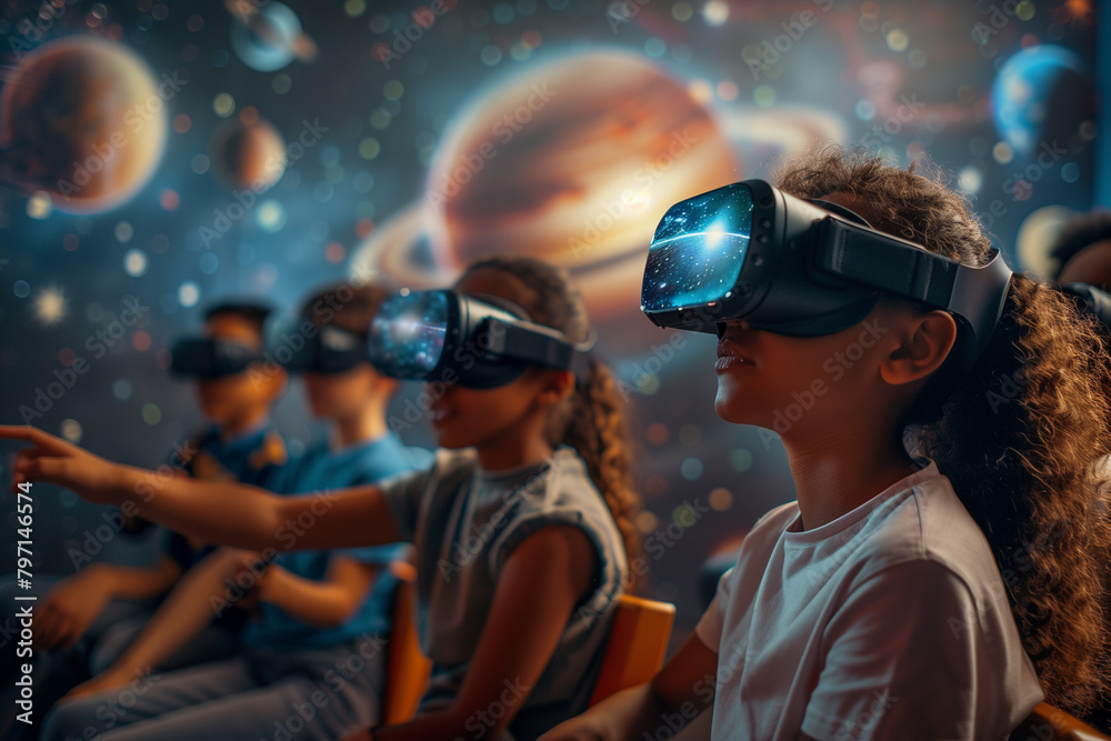 Children sit awestruck in a planetarium-like setting, wearing VR headsets, pointing towards cosmic visuals, immersed in an educational space journey Children sit awestruck in a planetarium-like setting, wearing VR headsets, pointing towards cosmic visuals, immersed in an educational space journey