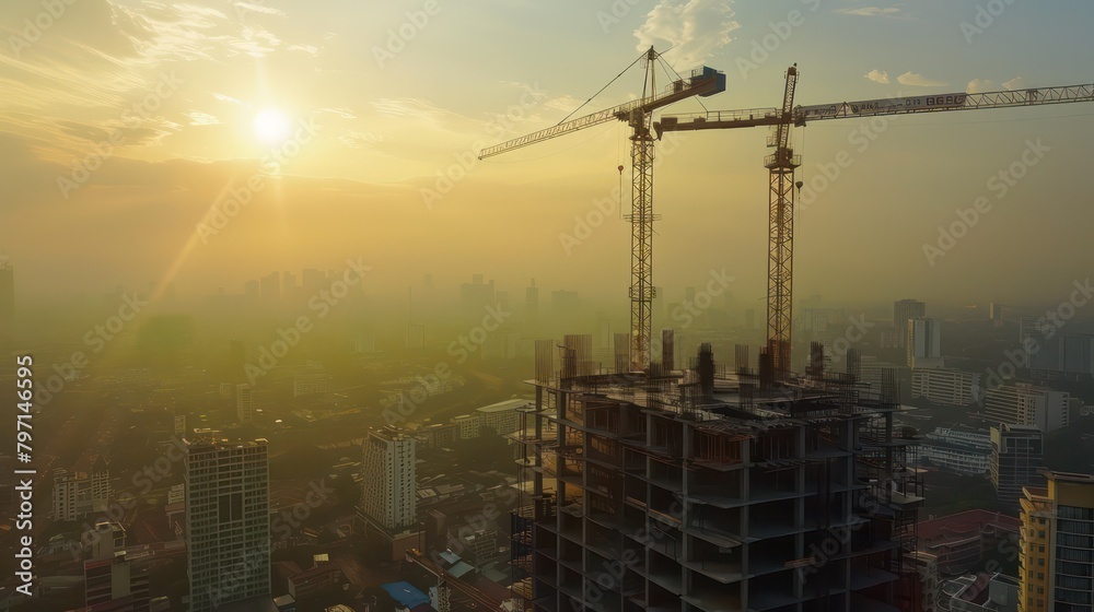 photo of construction site with Tower cranes building skyscrapers at sunset photo of construction site with Tower cranes building skyscrapers at sunset