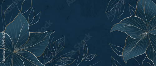 Luxury dark blue art background with golden flowers and leaves in line art style. Botanical banner for decoration, print, textile, wallpaper, packaging, interior design, poster, invitations