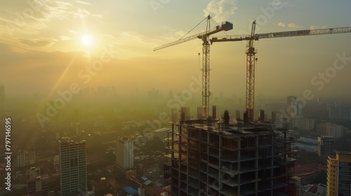 photo of construction site with Tower cranes building skyscrapers at sunset