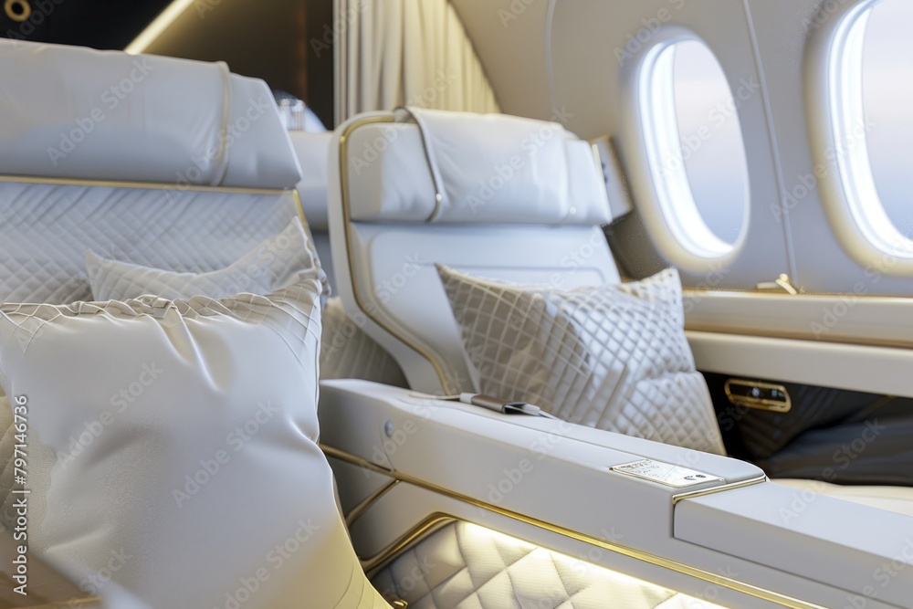 Fototapeta premium Elegant and spacious first-class cabin interior of an airplane with comfortable seating.