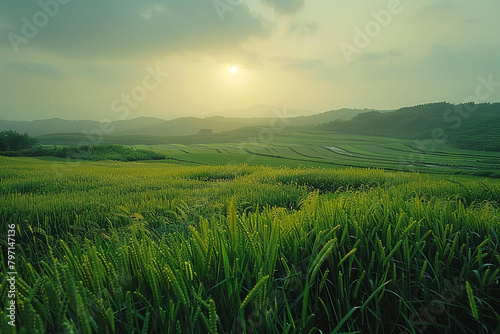 A field of green grass with a sun in the sky